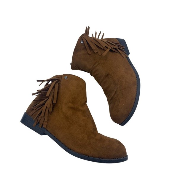 Tahari Milla Slope Chestnut Brown Size 5 Ankle Zip Up Fringed Booties EUC - Picture 1 of 10